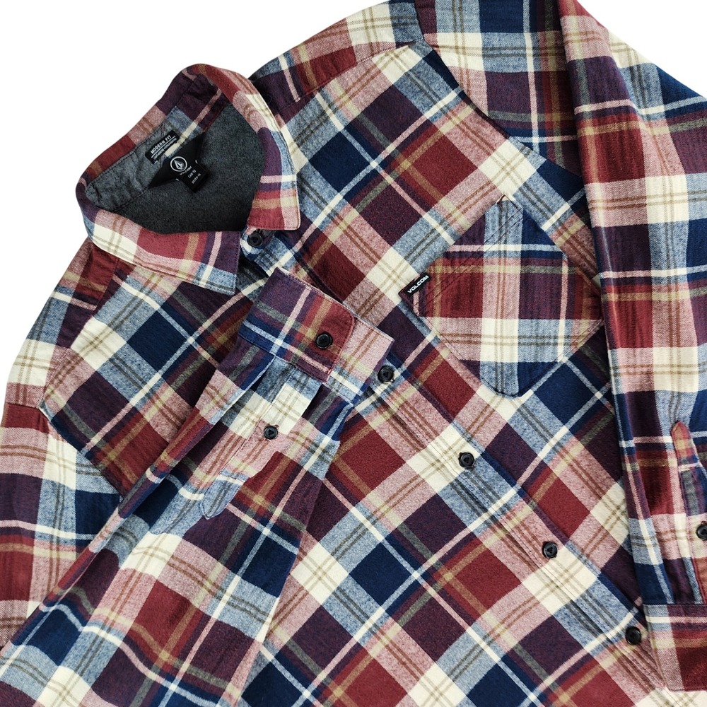 Volcom Flannel Shirt Mens XL Burgundy Navy Plaid Modern Fit Cotton